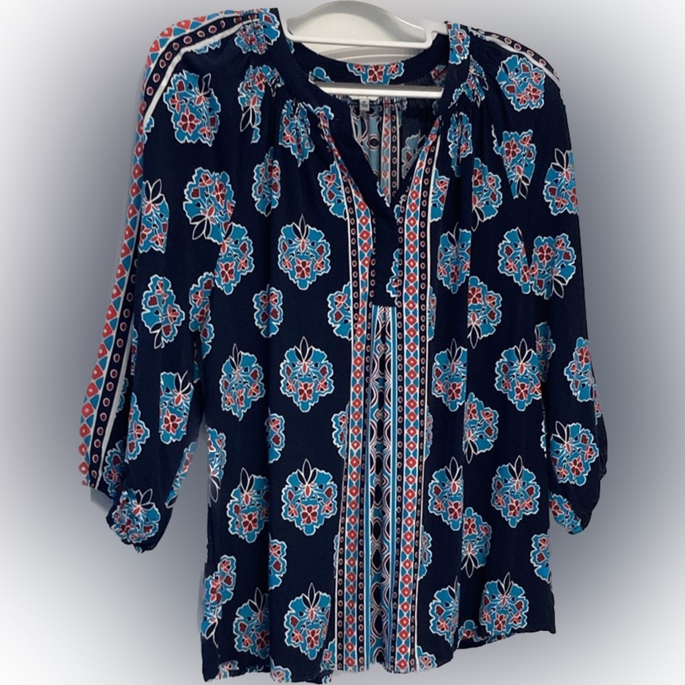 Crown & Ivy size medium navy blouse with red, maroon and teal print